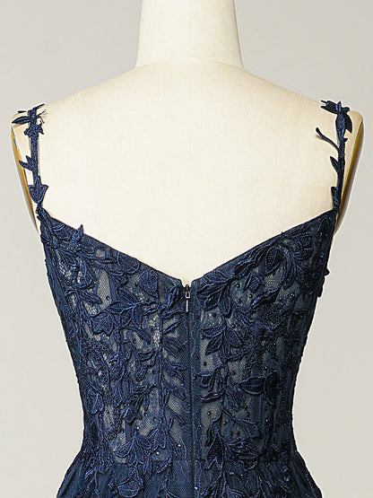 Vestido de fiesta largo azul oscuro con escote corazón, elegante, de tul y encaje, ED080