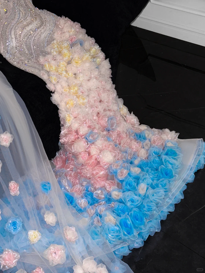 Gorgeous Sparkling Beaded Sequin Mermaid 3D Flowers Design Tulle Evening Dress Prom Dresses TP4159