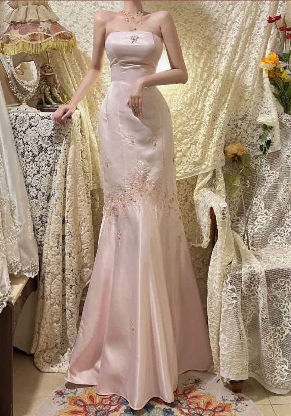 Vestido de noche vintage de satén rosa con bordado, corte sirena, largo, sin tirantes, TP4570