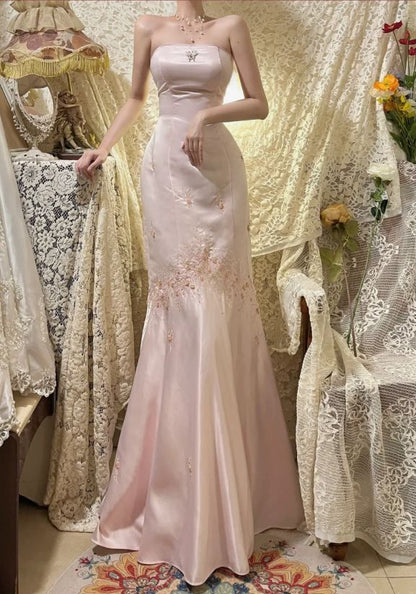 Vestido de noche vintage de satén rosa con bordado, corte sirena, largo, sin tirantes, TP4570