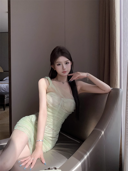 New Style Light Green Tulle Design A-line One-shoulder Homecoming Dress TP3701