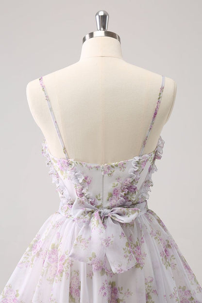 Vestido de cóctel vintage de corte A con tirantes finos, estampado floral y volantes, TP3390