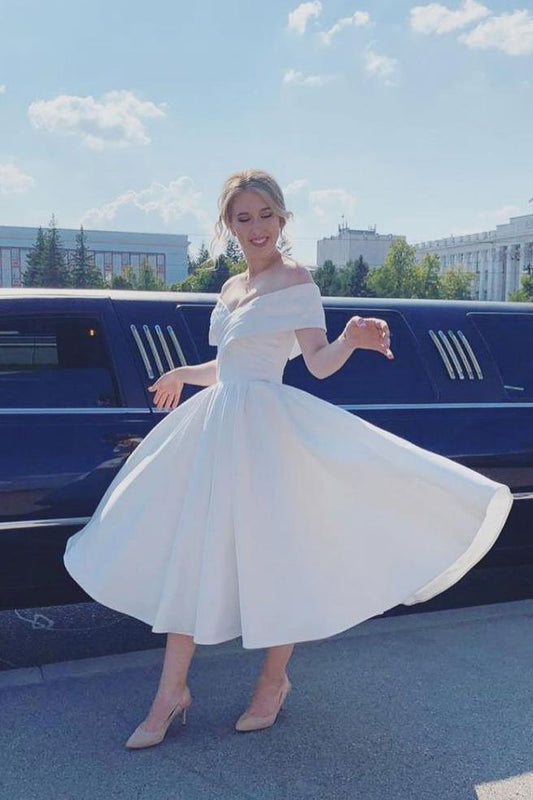 A Line Ankle Length Homecoming Dress, Ivory Off-Shoulder Satin Short Wedding Dress GM400