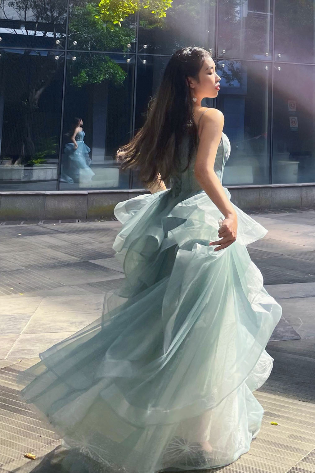 Charming Spaghetti Straps Tulle Dusty Green Long Prom Dress, Glitter Formal Party Dress GP508