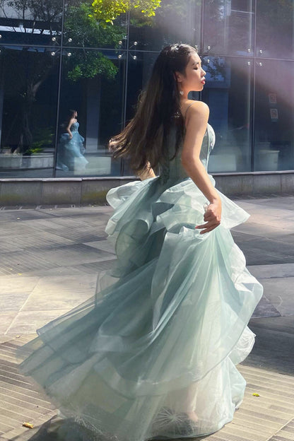 Charming Spaghetti Straps Tulle Dusty Green Long Prom Dress, Glitter Formal Party Dress GP508