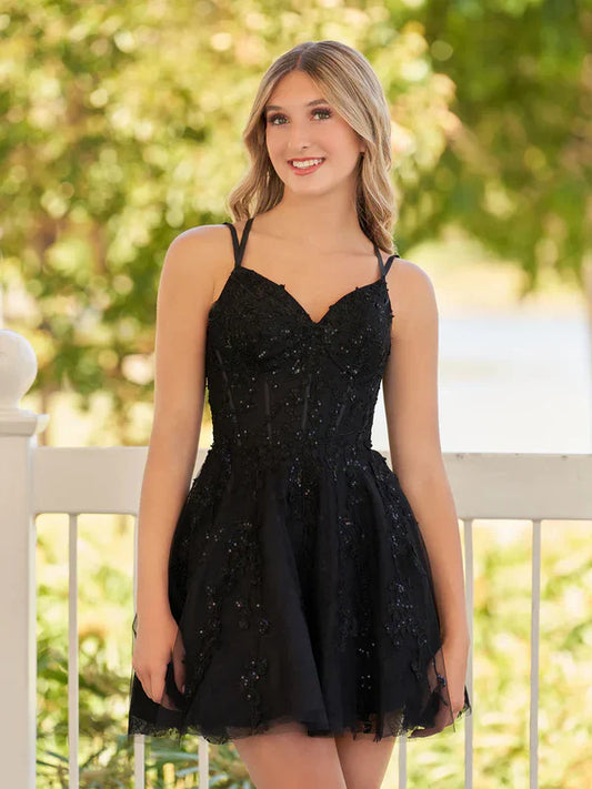 Vestido de fiesta con tirantes finos, corte A y diseño de encaje negro, TP3624