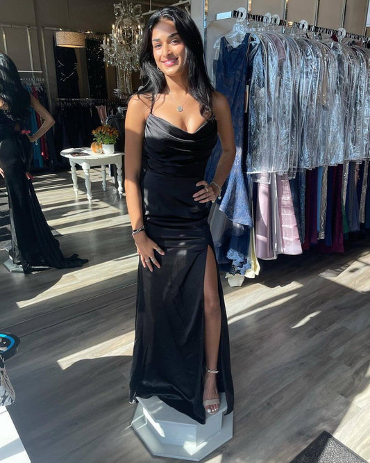 Vestido de fiesta de sirena negro largo, con tirantes finos y escote en V, de satén, para gala de cumpleaños