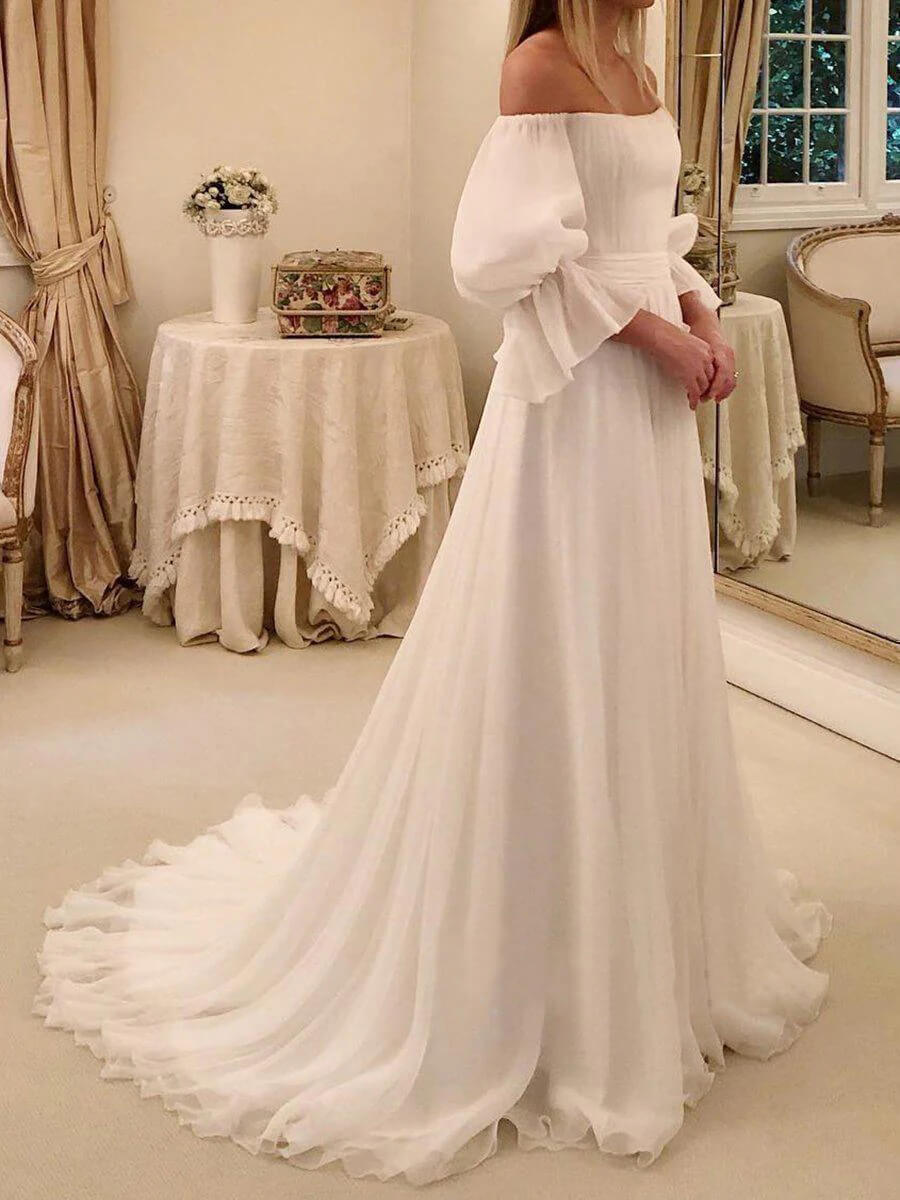 Elegantes vestidos de novia de playa de gasa con mangas 3/4