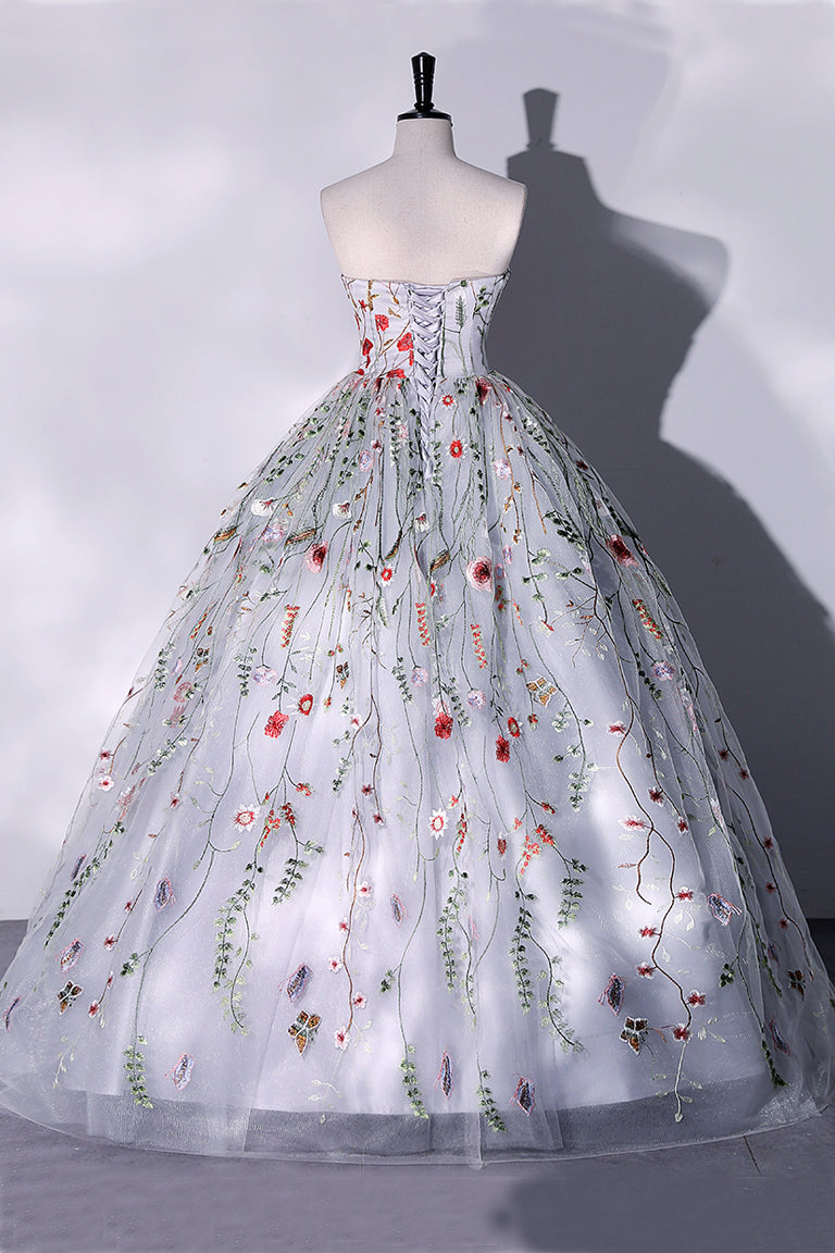 Princess Silver Grey Strapless Ball Gown Prom Dress, Lace Floral Quinceanera Dress GP510