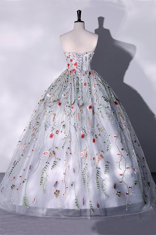 Princess Silver Grey Strapless Ball Gown Prom Dress, Lace Floral Quinceanera Dress GP510