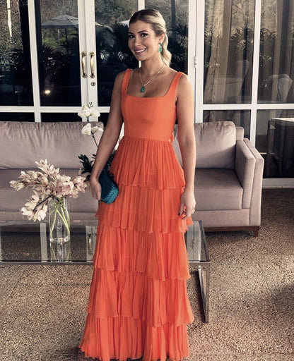 Vestido de fiesta modesto de corte A en color naranja, vestido de noche formal largo