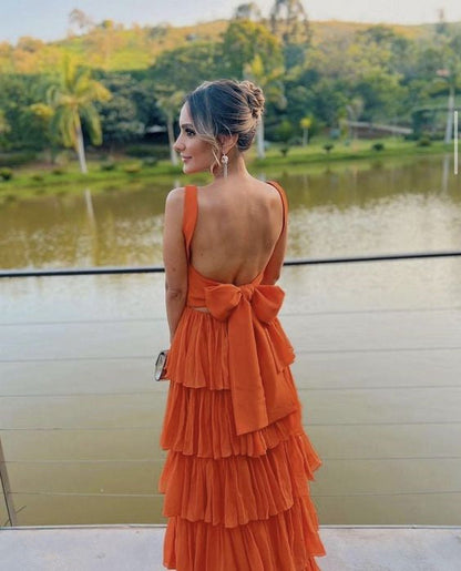 Vestido de fiesta modesto de corte A en color naranja, vestido de noche formal largo
