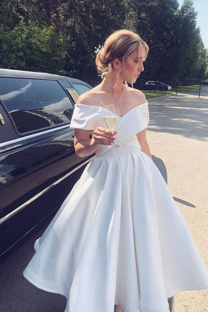 A Line Ankle Length Homecoming Dress, Ivory Off-Shoulder Satin Short Wedding Dress GM400