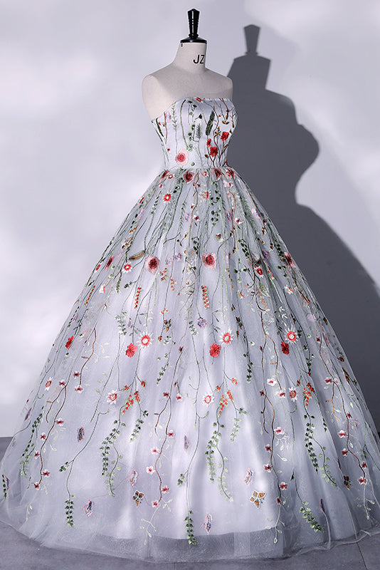 Princess Silver Grey Strapless Ball Gown Prom Dress, Lace Floral Quinceanera Dress GP510
