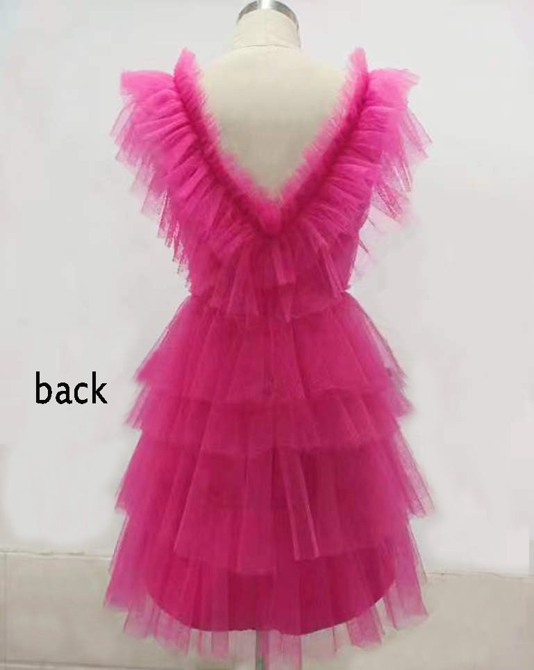 Vestido de fiesta rosa con escote en V y corte A, con capas, de tul, corto