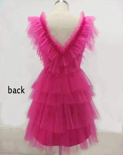 Vestido de fiesta rosa con escote en V y corte A, con capas, de tul, corto