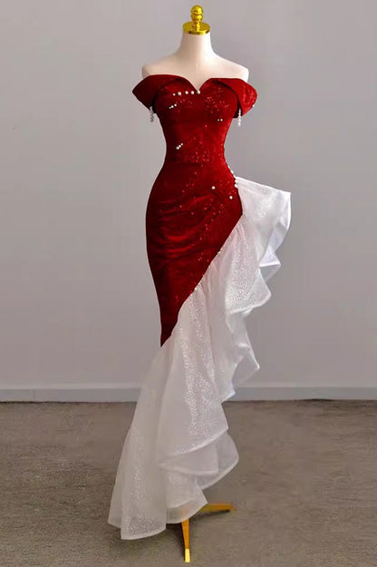 Shiny Off Shoulder Pink Mermaid Prom Dress With Ruffle, Sequin Formal Dress GP690