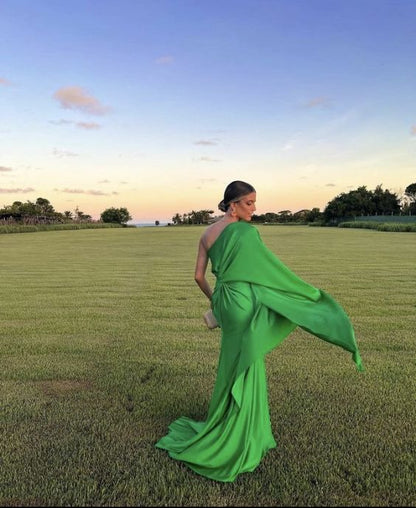 Green simple fashion one shoulder long satin ball gown evening dress party dress gh3355