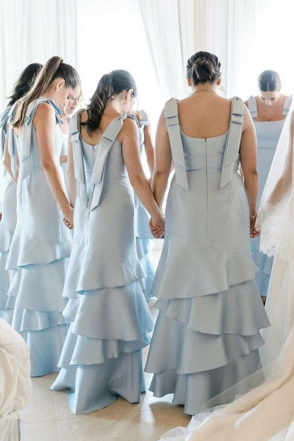 Baby Blue Mermaid Straps Tiered Satin Prom Dress Bridesmaid Dress SH2606