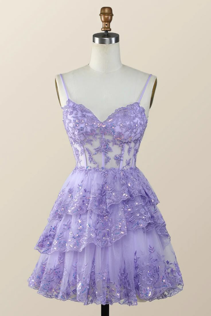 Vintage Purple Sequined Design A-line Spaghetti Strap Tiered Homecoming Dress TP3408