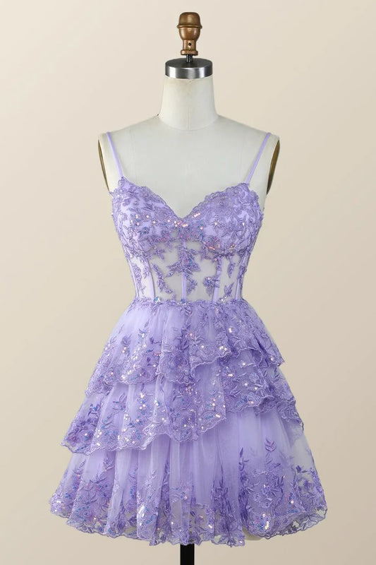Vintage Purple Sequined Design A-line Spaghetti Strap Tiered Homecoming Dress TP3408