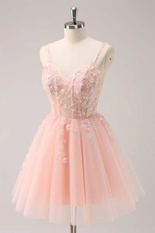 Vintage Pink 3D Flowers Design A-line Sleeveless Spaghetti Strap Homecoming Dress TP3451