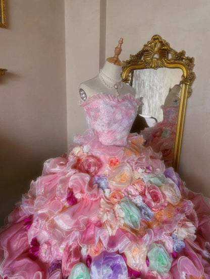 Princess Dreamy Colorful Flower Sweetheart Neck Ball Gown Organza Prom Dress Birthday Dress SH3632