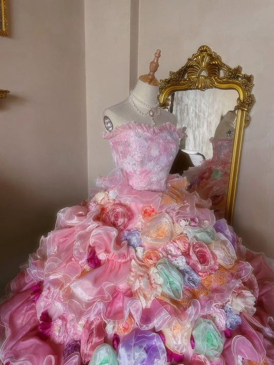 Princess Dreamy Colorful Flower Sweetheart Neck Ball Gown Organza Prom Dress Birthday Dress SH3632