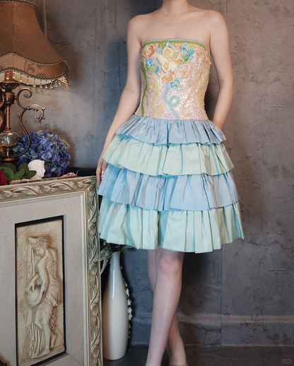 Vestido de fiesta retro colorido sin tirantes, diseño floral, corte A, corto, con capas, TP4020