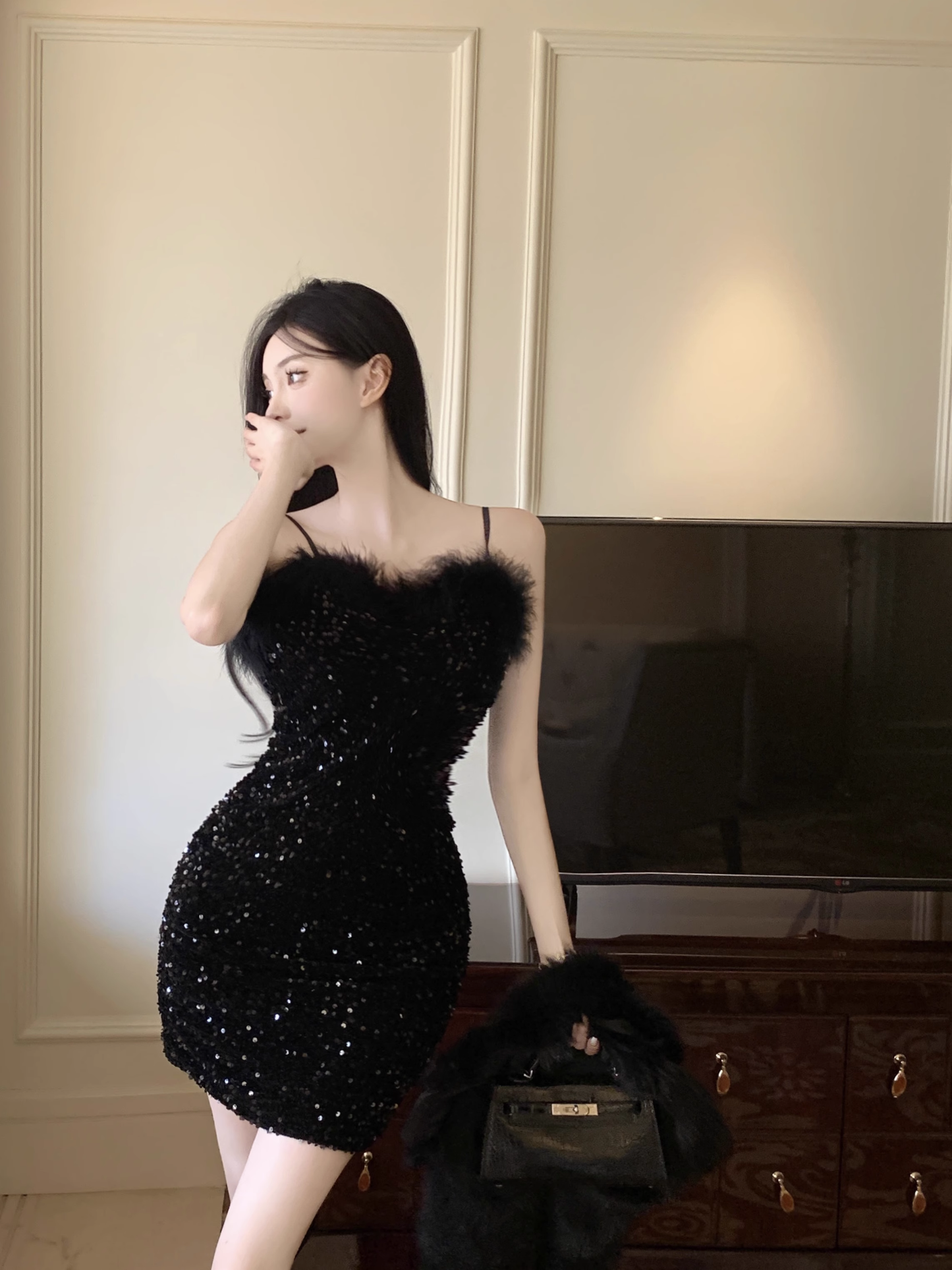 Vintage Black Sequin Bodycon Design A-line Spaghetti Strap Homecoming Dress TP3713