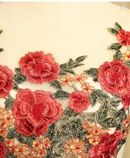 Vintage Red Floral Embroidery Design A-line Lace-up Satin Party Dress Homecoming Dress TP4065