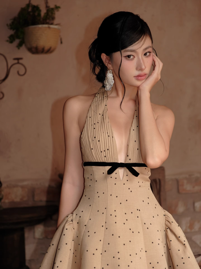Vintage Khaki Polka Dot A-Line Homecoming Dress Halter-neck Party Dress Short Cocktail Dress T4632
