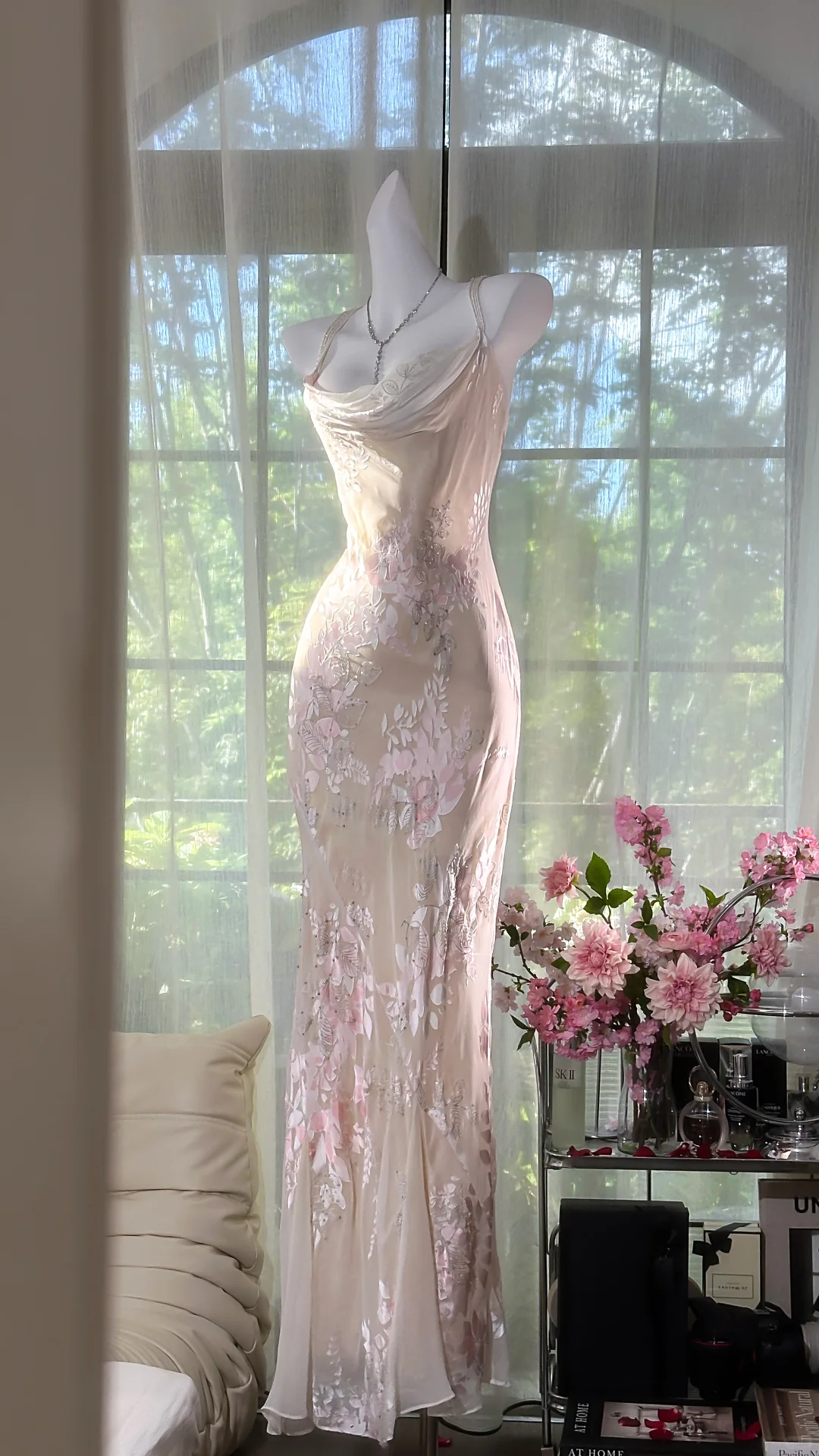 Elegant Light Pink Floral Applique Romantic Chiffon Evening Dress Prom Dresses TP4147