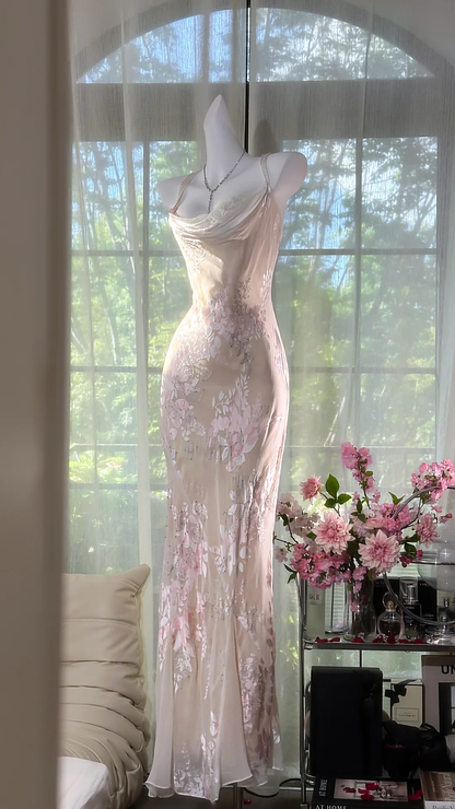 Elegant Light Pink Floral Applique Romantic Chiffon Evening Dress Prom Dresses TP4147