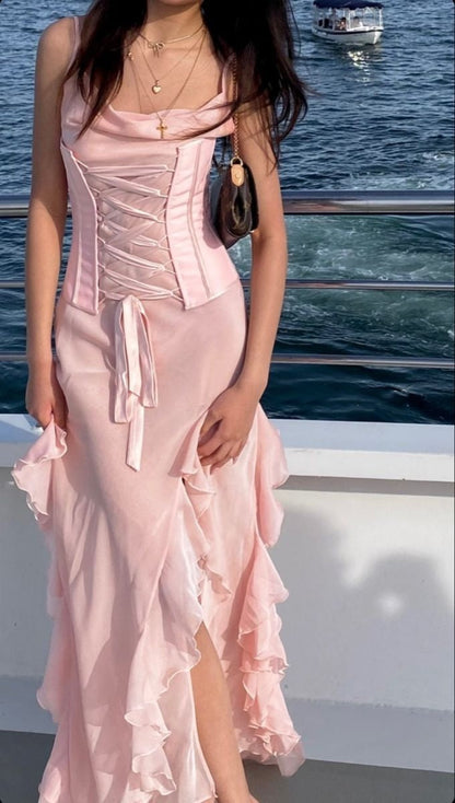 Pink Elegant Romantic Fashion Elegant Spaghetti Strap Long Chiffon Ruffle Ball Dress Evening Dress Party Dress  Prom Dressgh3735