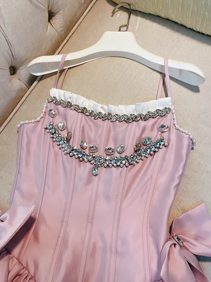 Chic Pink Spaghetti Strap Beading A-line V-neck Party Dresses Homecoming Dresses, TP3795