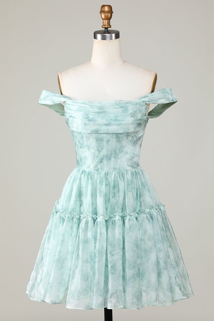 New Fashion Light Green Floral Design A-line Off-the-shoulder Homecoming Dress TP3417