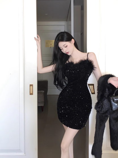 Vintage Black Sequin Bodycon Design A-line Spaghetti Strap Homecoming Dress TP3713