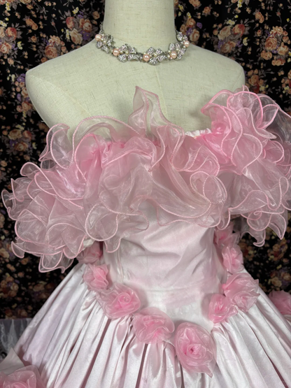 Vintage Pink Satin Tulle 3D Flowers Off-the-shoulder Sweet 16 Quinceanera A-Line Evening Dress Ball Gown TP4264
