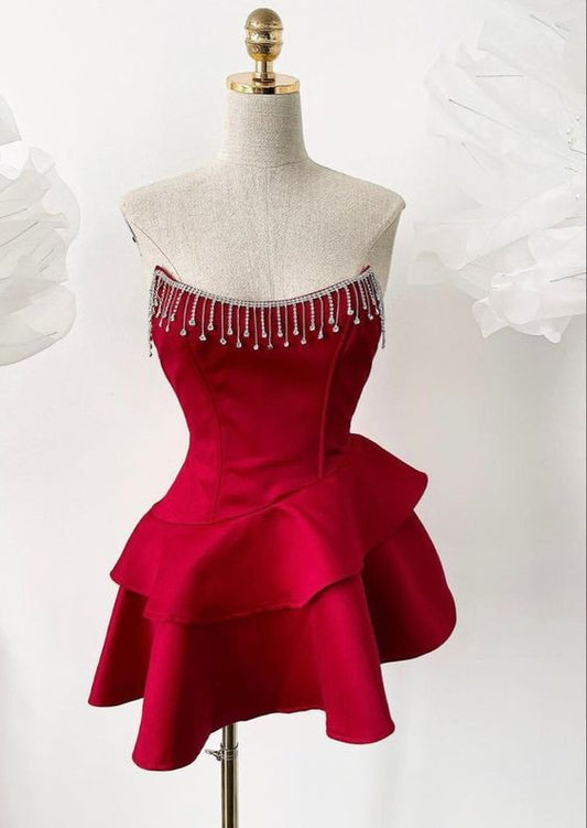 __irlhomeshops__Red/Black Beaded Ruffle Short Satin Homecoming Dress PromDress Party Dress gh4983