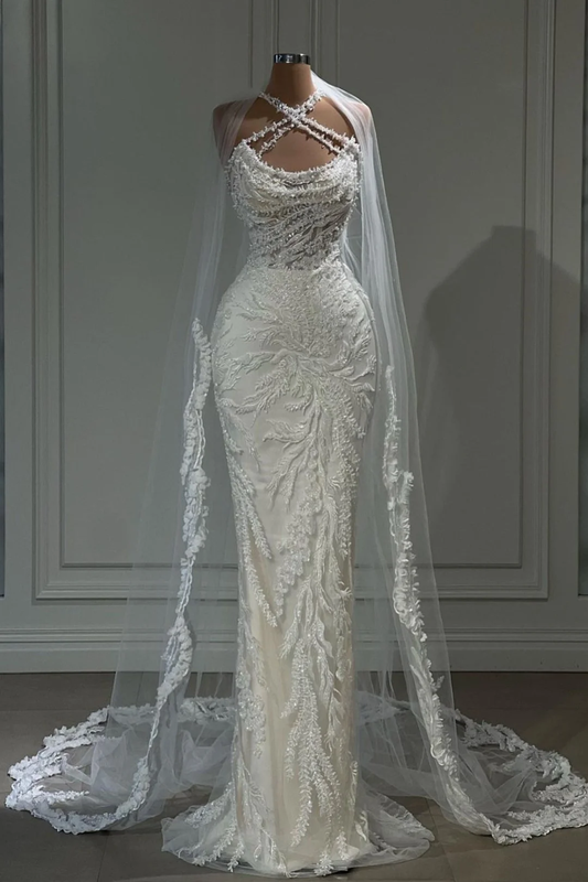 Vestido de novia largo de lujo blanco con cuello halter y apliques de tul DP619