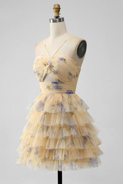 Vintage Yellow Floral Design A-line Spaghetti Strap Tiered Homecoming Dress TP3406