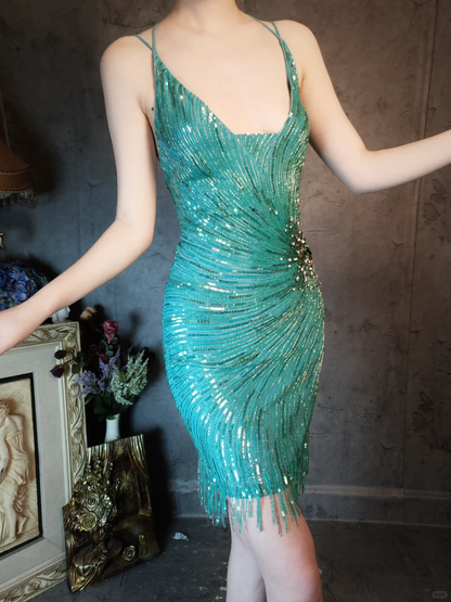 Vintage Blue-green Spaghetti Strap Sparkling Beaded Tassel Design Sheath Short Homecoming Dress TP4024