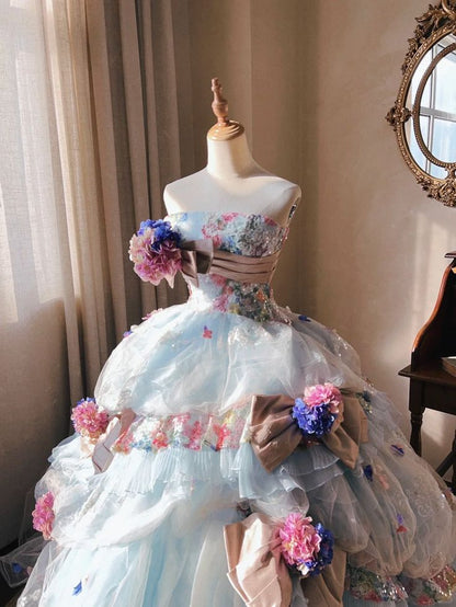 Romantic Hydrangea Flower Sweetheart Neck Ball Gown Layered Blue Organza Prom Dress Birthday Dress SH3634
