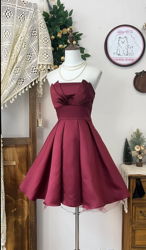 Vestido de fiesta elegante de satén con corte A y diseño sin tirantes y volantes sencillos TP4181