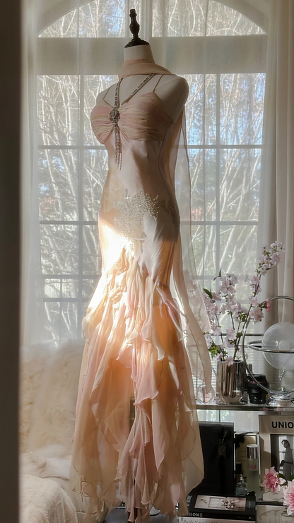 Vintage Mermaid Beaded Floral Design Romantic Chiffon Evening Dress Prom Dress TP4014