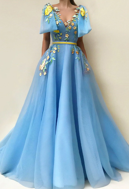 Beautiful Prom Dresses A Line Floor-length Sleeveless Pockets Embroidery Long Chic Tulle Prom Dress      fg576