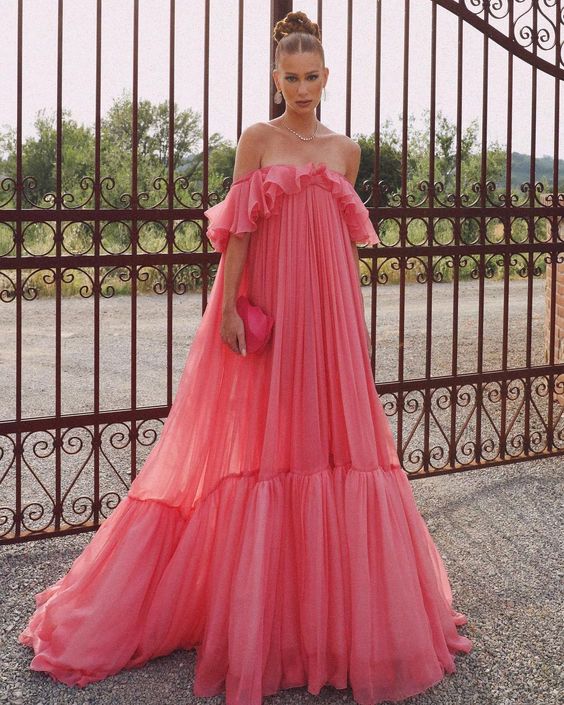 Vestido de fiesta vintage rosa con hombros descubiertos, largo plisado, vestido formal de noche TP4574