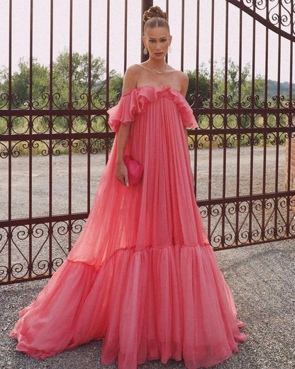 Vestido de fiesta vintage rosa con hombros descubiertos, largo plisado, vestido formal de noche TP4574