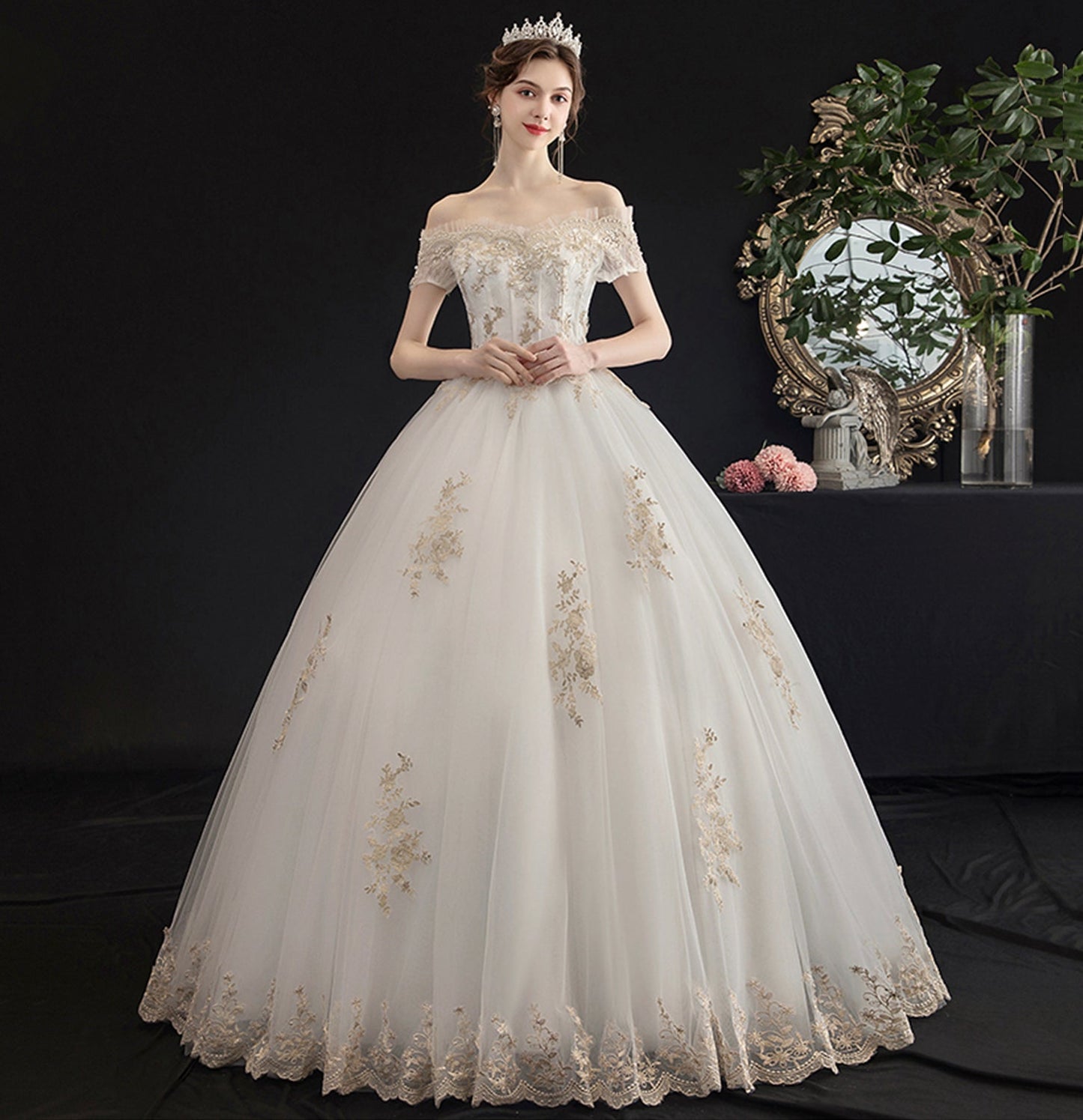 White tulle lace long ball gown dress formal dress  10116